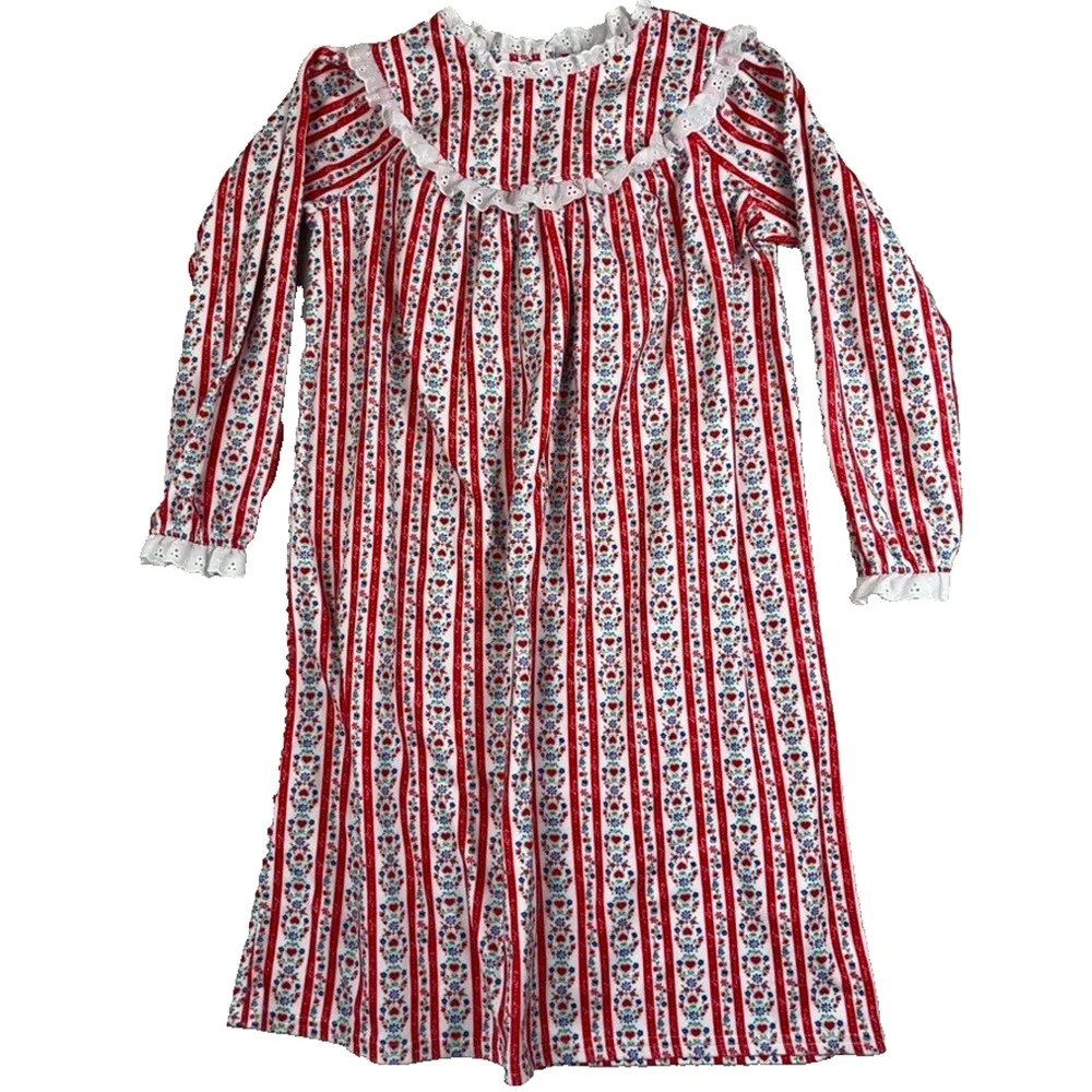 Lanz Nightgown Girls M 7/8 Red White Tyrolean Floral Fleece Eyelet Lace